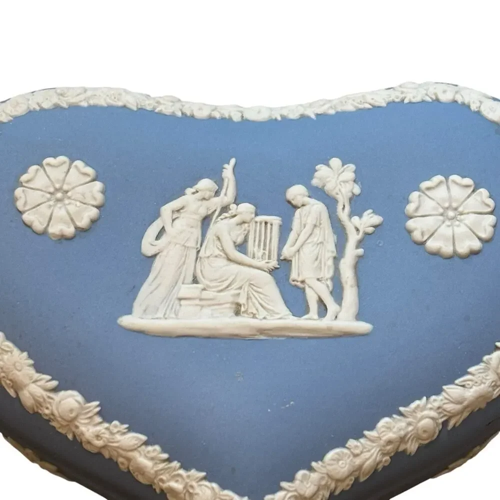 Vintage 1980s Heart Shaped Wedgwood Blue Jasperware Trinket Box